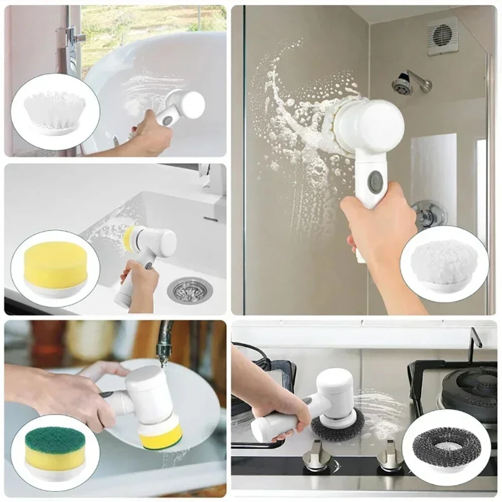 (image for) Electric Cleaning Brush Kitchen Bathroom Multifunctional Cleaner Electric Scrubber Bathroom Cleaning Brush USB Rechargeable with 5 Replaceable Brush Heads
